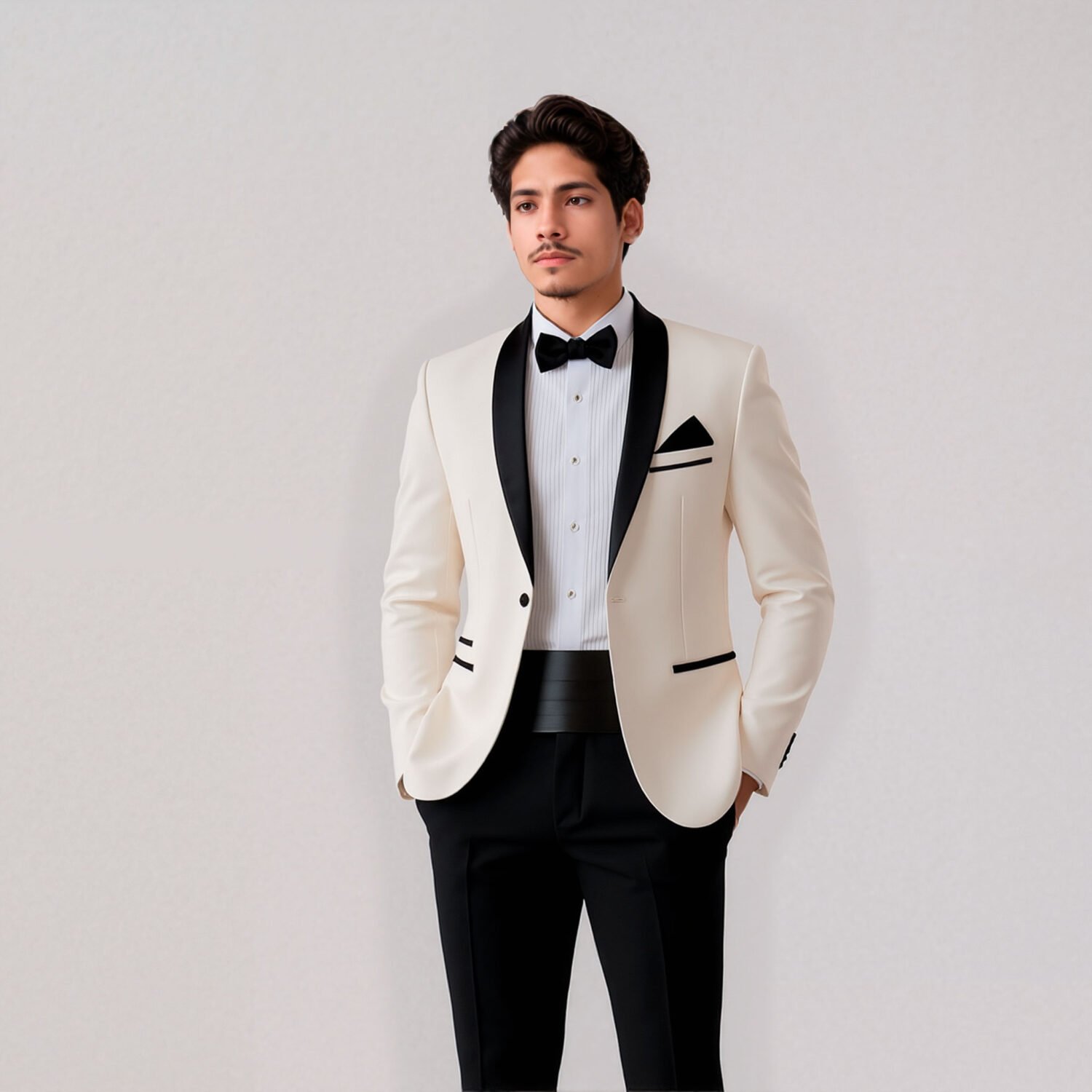 ESMOQUIN BLANCO CON SOLAPA REDONDA (con pantalon y detalles negros) - Imagen 3