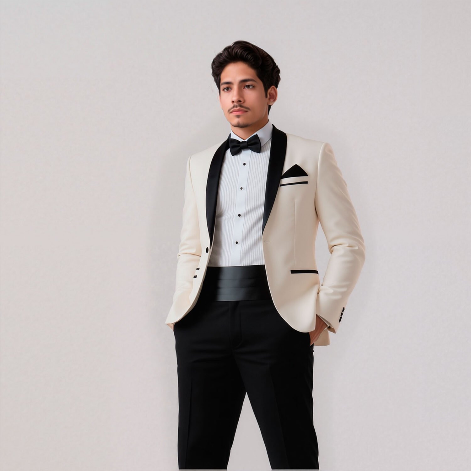 ESMOQUIN BLANCO CON SOLAPA REDONDA (con pantalon y detalles negros) - Imagen 4