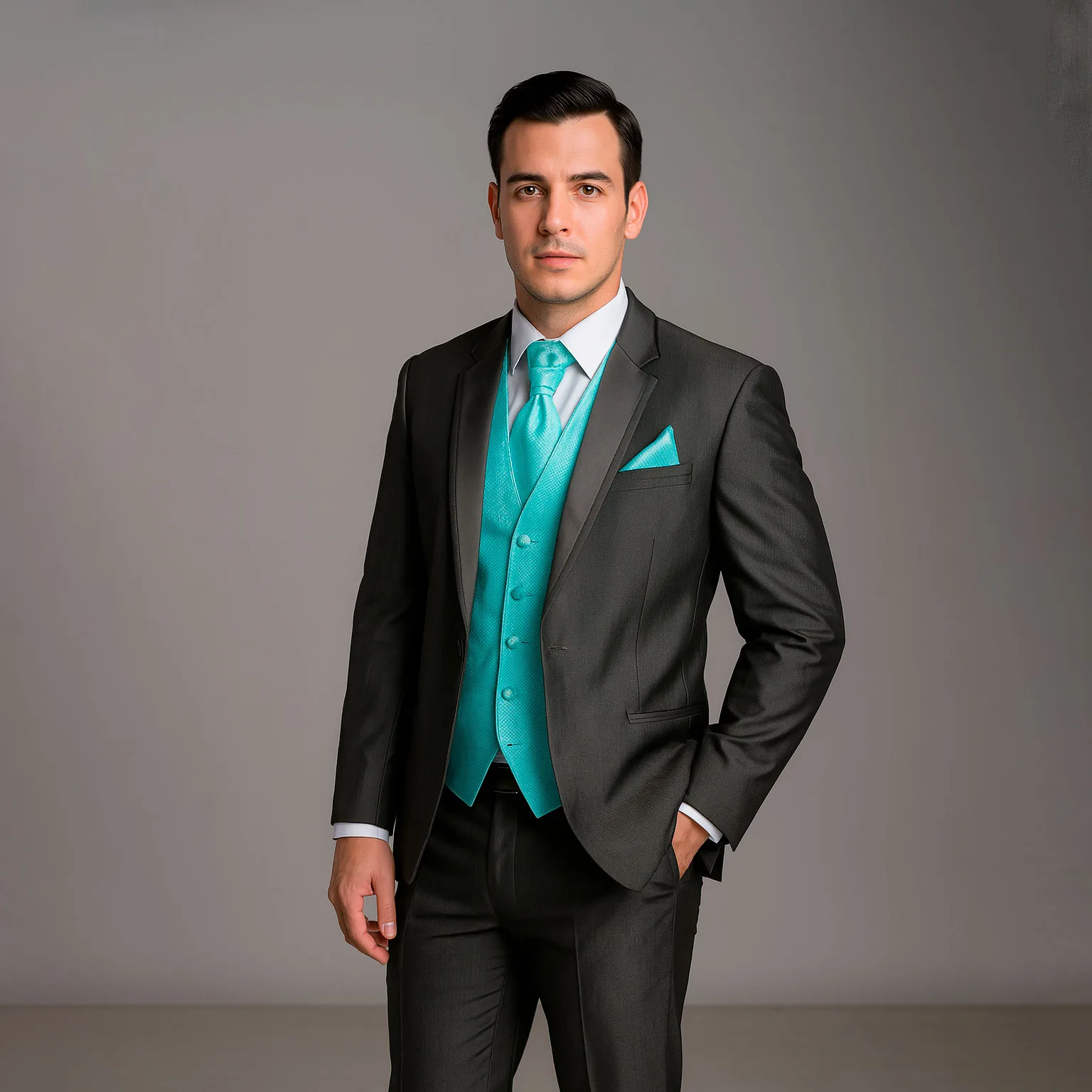 ESMOQUIN GRIS (con solapa en "V" - detalles negros) - Imagen 6