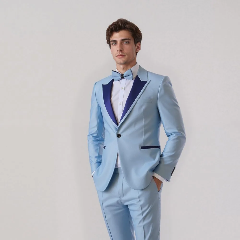 ESMOQUIN CELESTE CON SOLAPA EN PUNTA (dos piezas) - Imagen 5